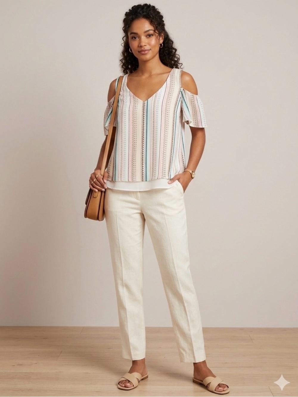 Bisou Bisou Cream and White Multicolor Striped Cold-Shoulder V-Neck Top